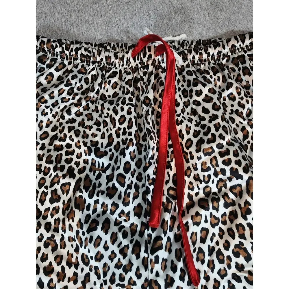 Kathryn Leopard Print Pajama Set XL Satin‎ Feel Red Trim Button Front Lounge